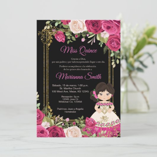 ピンクのバラと黒の背景のキンセアニエラ 招待状 (スタンド正面)