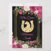 ピンクのバラと黒の背景のキンセアニエラ 招待状 (裏面)