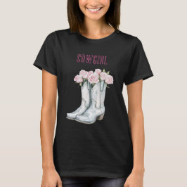 ピンクのバラにシルバーのカウガールブーツ Tシャツ