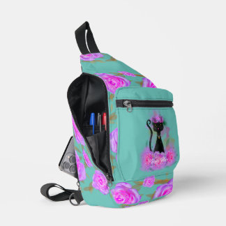 ピンクのバラに座る黒猫の花冠 スリングバッグ