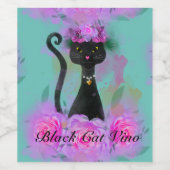 ピンクのバラに座る黒猫の花冠 ワインラベル (シングルラベル)