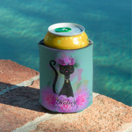 ピンクのバラに座る黒猫の花冠 缶クーラー