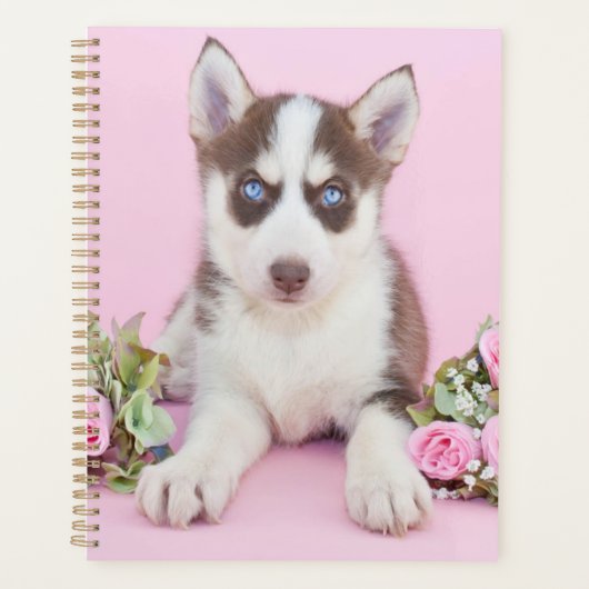 ピンクのバラのある美しいハスキーの子犬 プランナー手帳 (正面)
