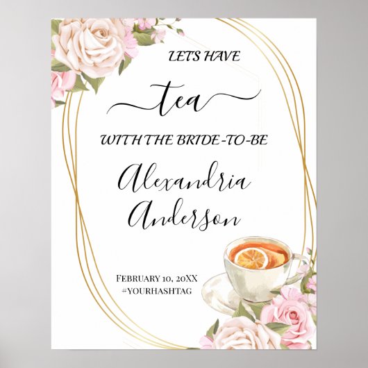 ピンクのバラのお茶 ブライダルシャワーのウェルカムサイン ポスター (正面)