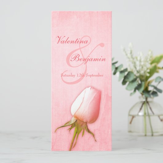 ピンクのバラのつぼみウェディングレセプションディナーメニュー 招待状 (スタンド正面)