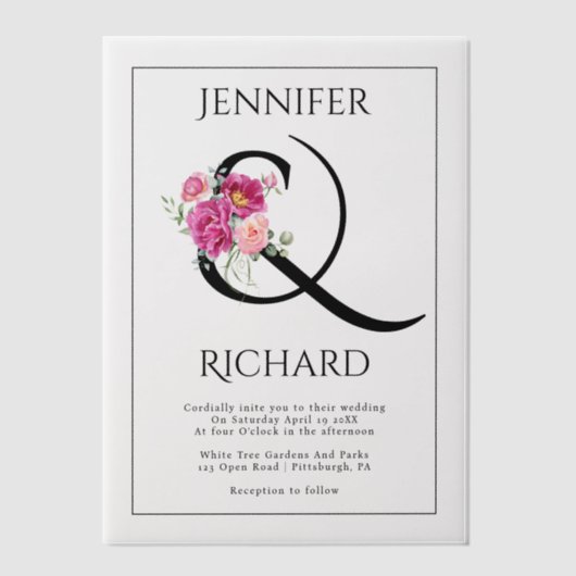 ピンクのバラのアンパサンドとブーケ結婚のフローラ ベラム紙招待状 (正面)