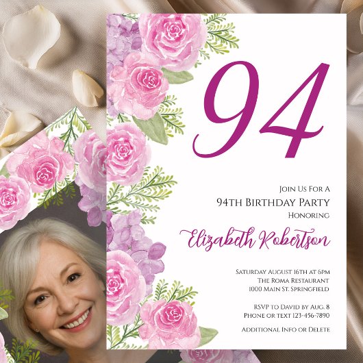 ピンクのバラのカスタムフォトテンプレート 94歳の誕生日 招待状
