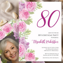 ピンクのバラのカスタム写真テンプレート 80歳の誕生日