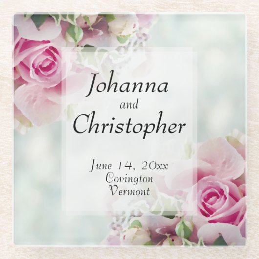 ピンクのバラのガラス結婚のコースター ガラスコースター (正面)