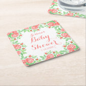 ピンクのバラのガーリーなベビーシャワー スクエアペーパーコースター (アングル)