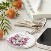 ピンクのバラのキーチェイン付きパーソナライズされた猫 キーホルダー (正面右)