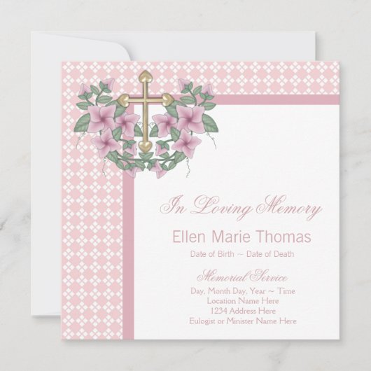 ピンクのバラのクロス喪のカード 招待状 (正面)