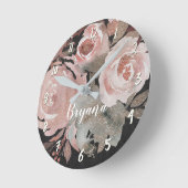 ピンクのバラのグリッターのバラの暗い花の魅力的なエレガント ラウンド壁時計 (傾斜)