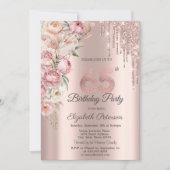 ピンクのバラのグリッター ドリップ ローズゴールド 65歳の誕生日   招待状 (正面)