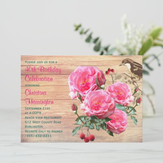 ピンクのバラのサマー誕生日パーティー 招待状 (スタンド正面)