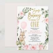 ピンクのバラのサムバニー ターニング ワン 1歳の誕生日 招待状 (正面/裏面)