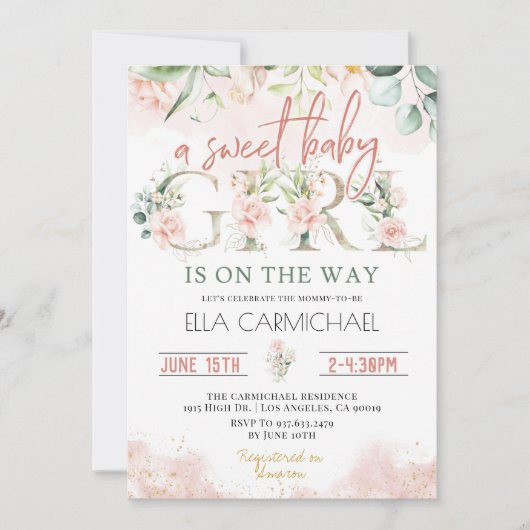 ピンクのバラのスイートベイビーガールベイビーシャワー招待状 招待状 (正面)