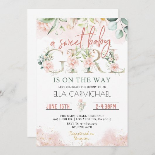 ピンクのバラのスイートベイビーガールベイビーシャワー招待状 招待状 (正面/裏面)