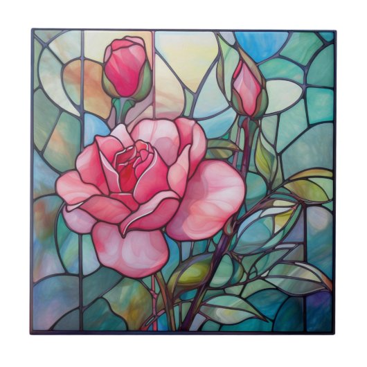 ピンクのバラのステンドグラスのモザイクセラミックタイル タイル (正面)