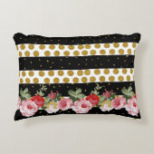 ピンクのバラのストライブ柄の金ゴールドのフェイクなグリッターの水玉模様 アクセントクッション (正面)