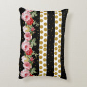 ピンクのバラのストライブ柄の金ゴールドのフェイクなグリッターの水玉模様 アクセントクッション (裏面(縦))