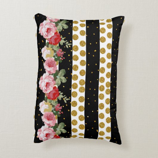 ピンクのバラのストライブ柄の金ゴールドのフェイクなグリッターの水玉模様 アクセントクッション (裏面(縦))