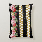 ピンクのバラのストライブ柄の金ゴールドのフェイクなグリッターの水玉模様 アクセントクッション (正面(垂直))