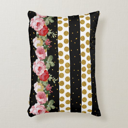 ピンクのバラのストライブ柄の金ゴールドのフェイクなグリッターの水玉模様 アクセントクッション (正面(垂直))