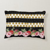 ピンクのバラのストライブ柄の金ゴールドのフェイクなグリッターの水玉模様 アクセントクッション (裏面)