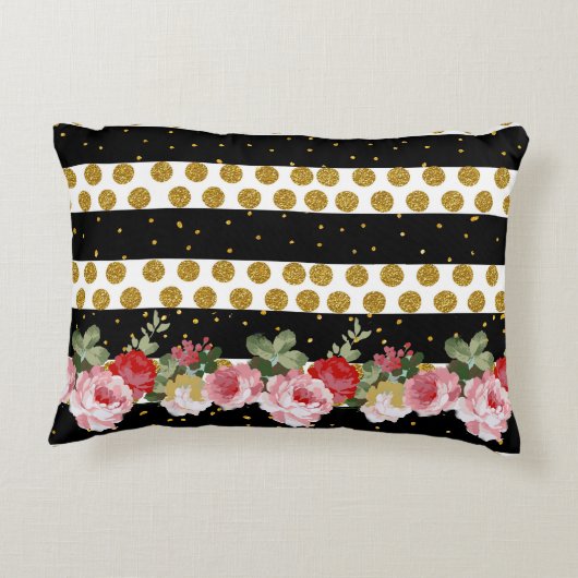 ピンクのバラのストライブ柄の金ゴールドのフェイクなグリッターの水玉模様 アクセントクッション (裏面)