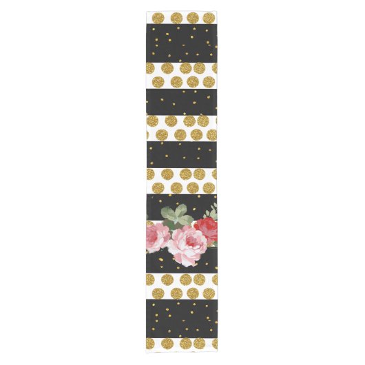 ピンクのバラのストライブ柄の金ゴールドのフェイクなグリッターの水玉模様 ショートテーブルランナー (正面)