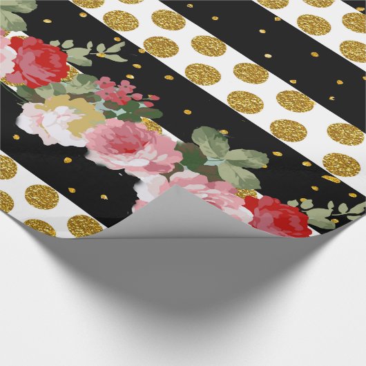 ピンクのバラのストライブ柄の金ゴールドのフェイクなグリッターの水玉模様 ラッピングペーパー (角)