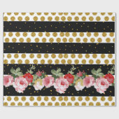 ピンクのバラのストライブ柄の金ゴールドのフェイクなグリッターの水玉模様 ラッピングペーパー (フラット)