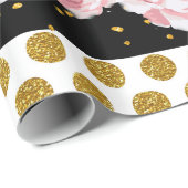 ピンクのバラのストライブ柄の金ゴールドのフェイクなグリッターの水玉模様 ラッピングペーパー (ロールコーナー)