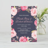 ピンクのバラのストライプと花のウェディング招待状 招待状 (スタンド正面)