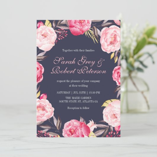 ピンクのバラのストライプと花のウェディング招待状 招待状 (スタンド正面)