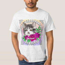 ピンクのバラのタキシードキャット Tシャツ