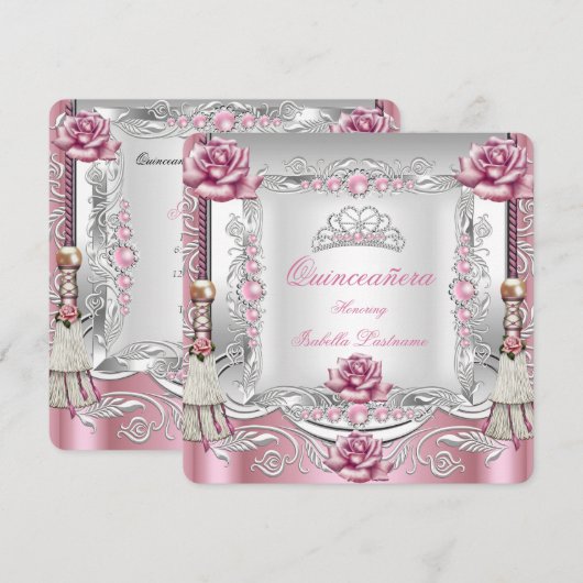 ピンクのバラのタッセルが付いたシルバー・ティアラ quinceanera 招待状 (正面/裏面)