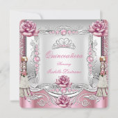 ピンクのバラのタッセルが付いたシルバー・ティアラ quinceanera 招待状 (正面)
