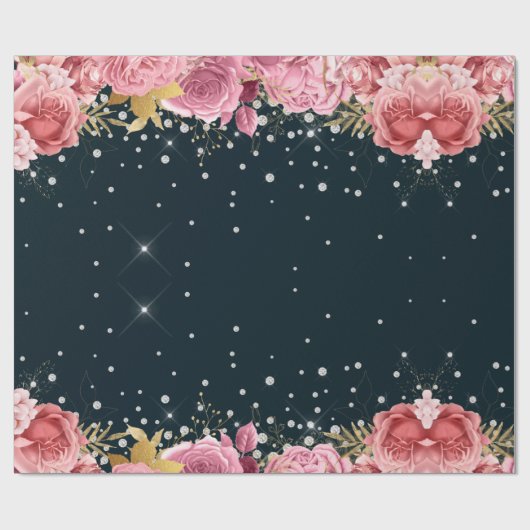 ピンクのバラのダイヤモンドのネイビーエレガントブルー ラッピングペーパー (フラット)