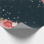 ピンクのバラのダイヤモンドのネイビーエレガントブルー ラッピングペーパー (角)