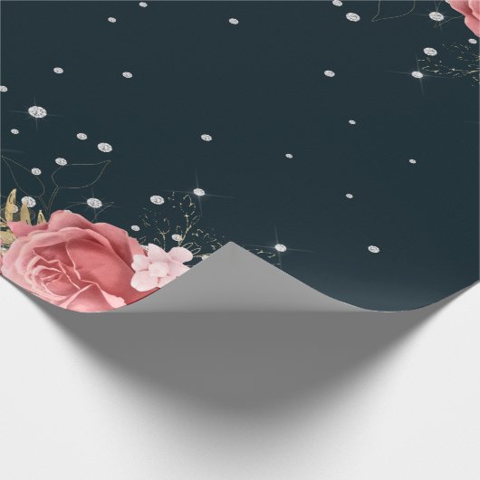 ピンクのバラのダイヤモンドのネイビーエレガントブルー ラッピングペーパー (角)
