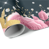 ピンクのバラのダイヤモンドのネイビーエレガントブルー ラッピングペーパー (ロールコーナー)