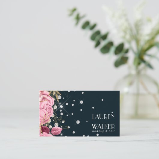ピンクのバラのダイヤモンドエレガント美容師 名刺 (スタンド正面)