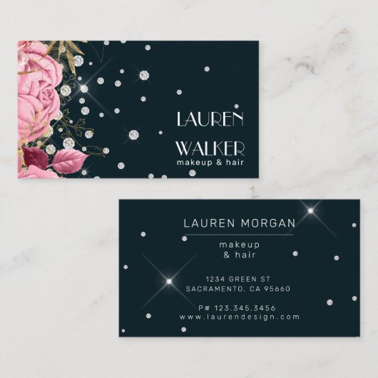 ピンクのバラのダイヤモンドエレガント美容師 名刺 (正面/裏面)