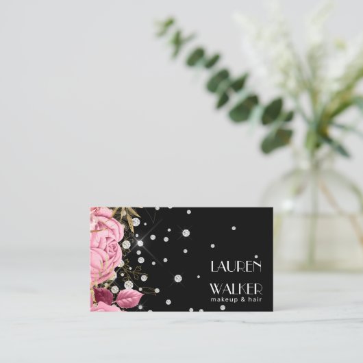 ピンクのバラのダイヤモンドエレガント美容師 名刺 (スタンド正面)