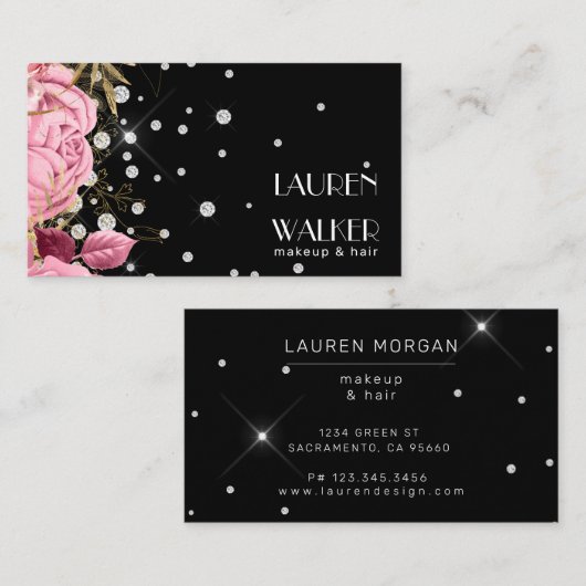 ピンクのバラのダイヤモンドエレガント美容師 名刺 (正面/裏面)
