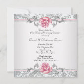 ピンクのバラのダマスク シルバー 25周年結婚記念日 招待状 (裏面)