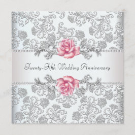 ピンクのバラのダマスク シルバー 25周年結婚記念日 招待状