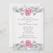 ピンクのバラのダマスク シルバー 25周年結婚記念日 招待状 (裏面)